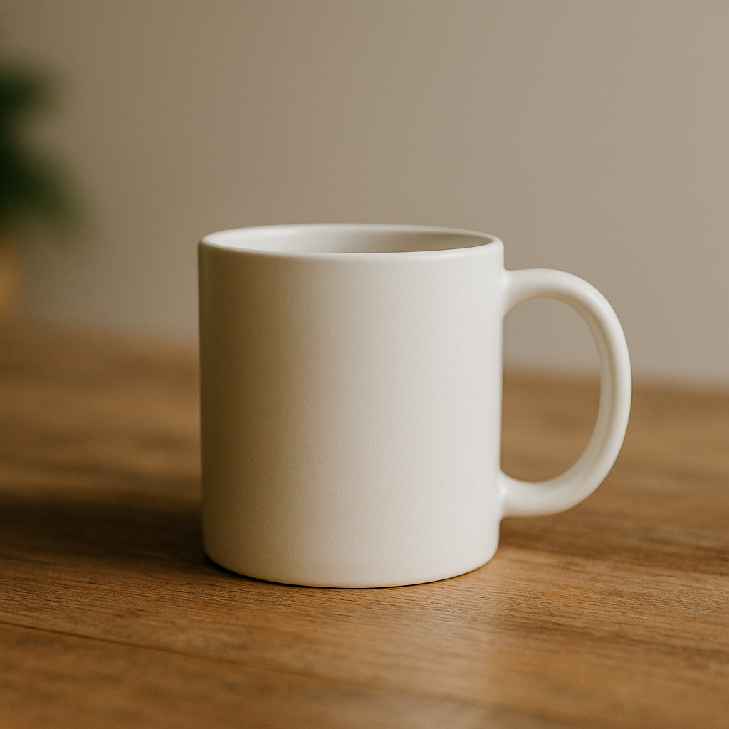 Matte ceramic mug on wooden table (raw photo)